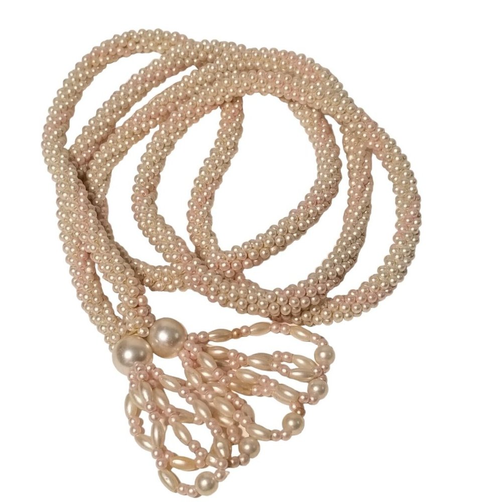 Faux Pearl Woven Flapper Necklace Strand Pink White 38" Fashion Jewelry Women